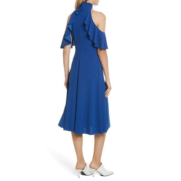 New! TRACY REESE Ruffle Cold-Shoulder Midi Dress Size XS Marine Blue - Picture 3 of 7